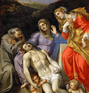 9.	Annibale  Carracci, Pietà con san Francesco e la Maddalena, Parigi. Copiose le lacrime sui volti di tutti, attorno al Cristo morto.